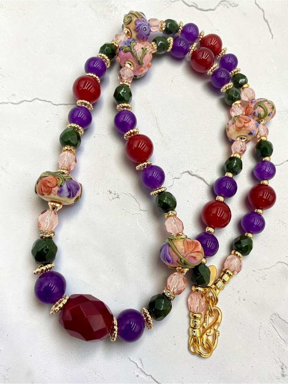 Artisan Handmade Amethyst Carnelian Lampwork Floral Necklace 20” Gold Floral Lux - Picture 13 of 17